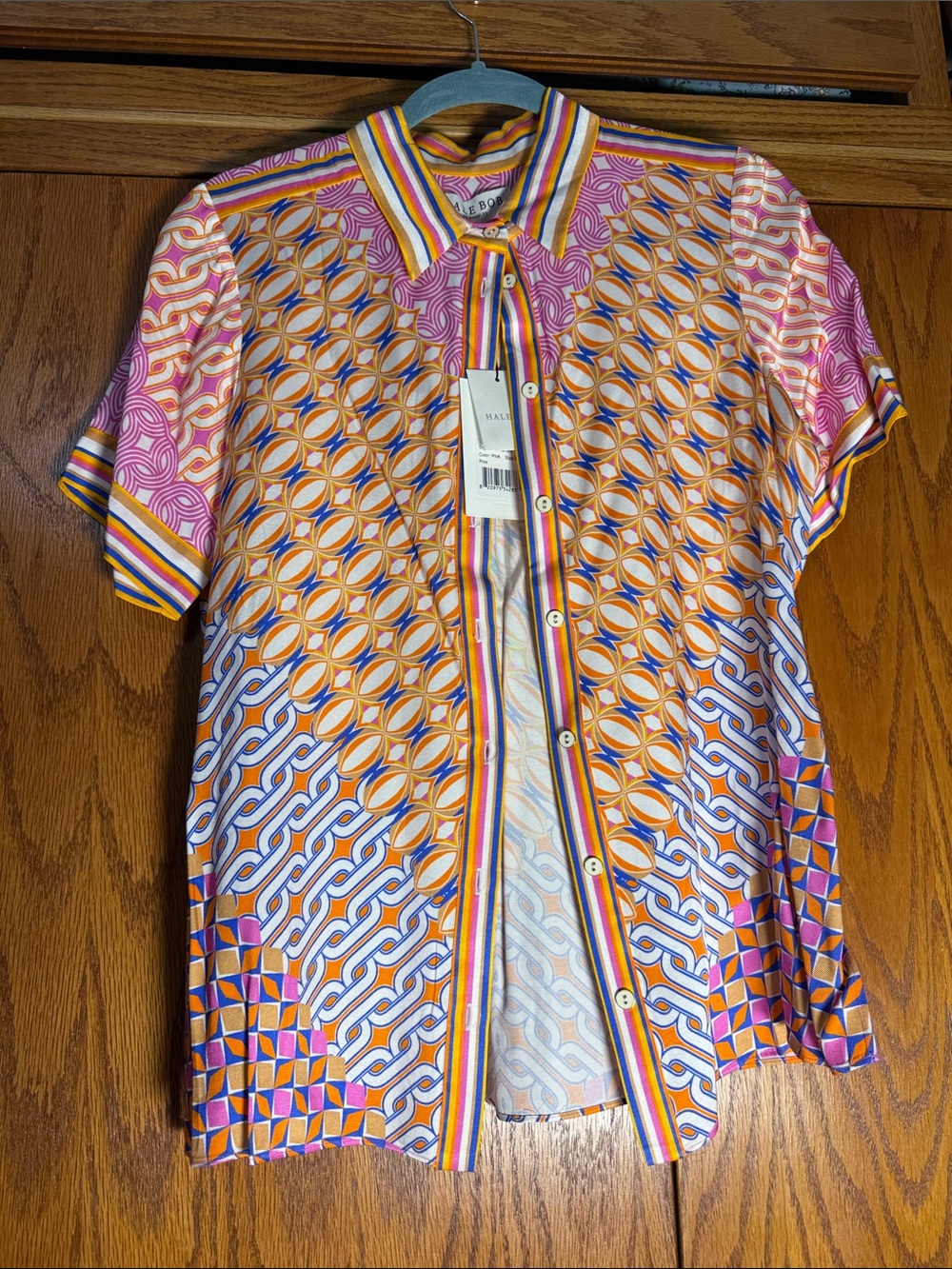 Hale Bob Pink Orange Blue Geometric Print Button-Down Shirt